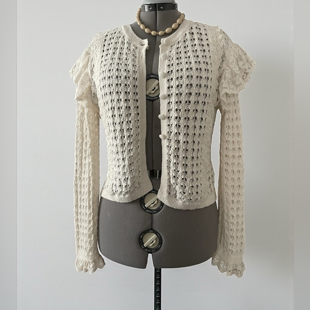 Zara Cream Lace Ruffle Cardigan Size L Open Knit Coquette Cottagecore Top - Picture 2 of 8